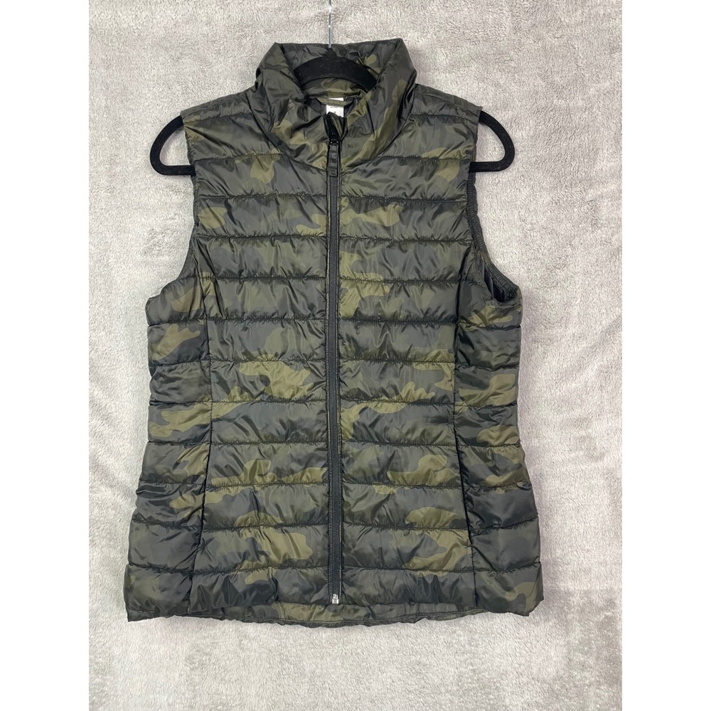 Old Navy Active Womens Green Camo Puffer Vest Full Zip Quilted Camouflage Medium